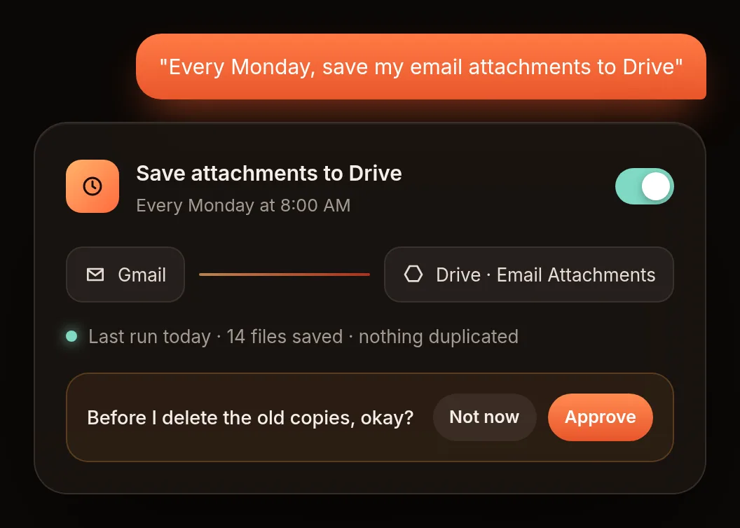 "Every Monday, save my email attachments to Drive"